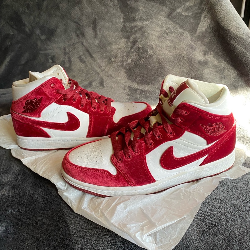 Nike Red Velvet Air Jordans White and Red Athletic Shoes